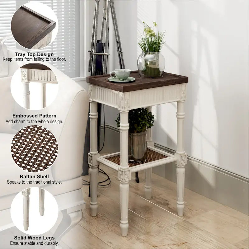 Table d'appoint COZAYH style campagne française patinée, plateau couleur expresso et étagère en osier tressé, décor bohème, rustique et champêtre