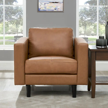 Fauteuil en cuir de vachette haut de gamme avec coussins haute densité et grand espace d'assise
