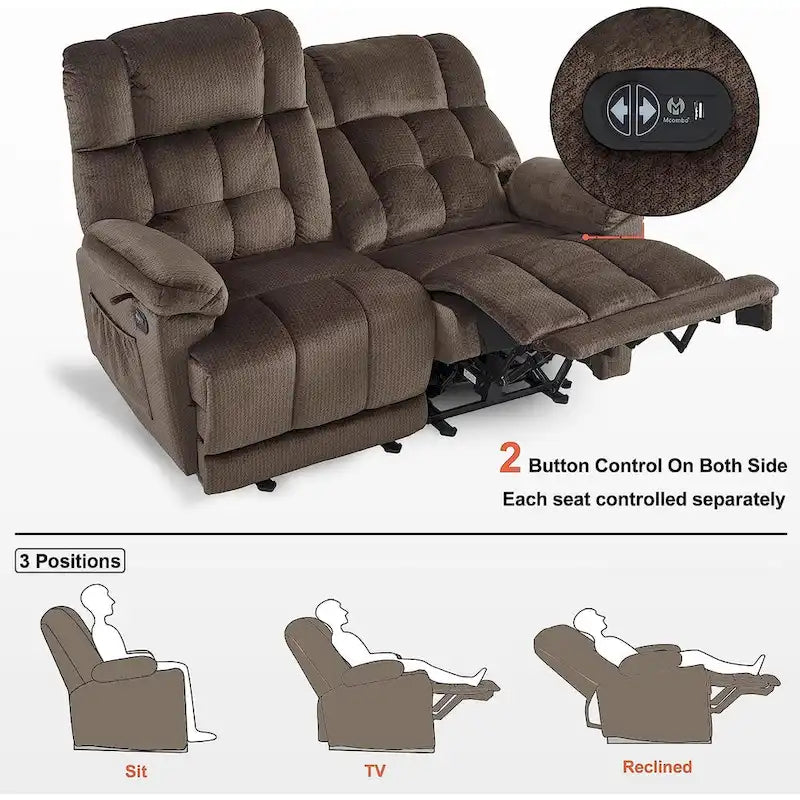 Canapé inclinable électrique MCombo deux places avec chauffage et massage, tissu 6237