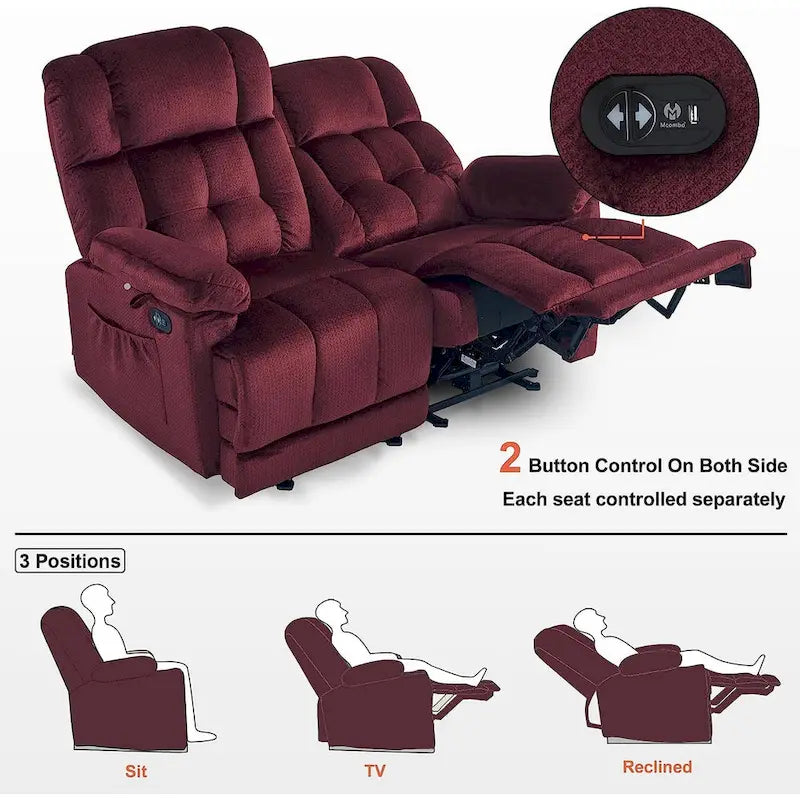 Canapé inclinable électrique MCombo deux places avec chauffage et massage, tissu 6237