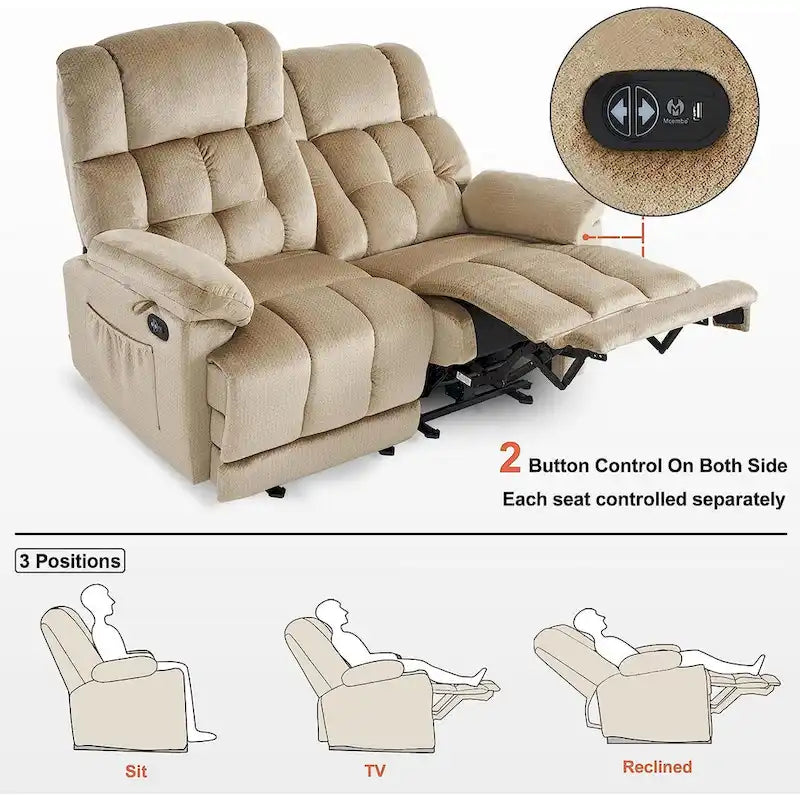 Canapé inclinable électrique MCombo deux places avec chauffage et massage, tissu 6237