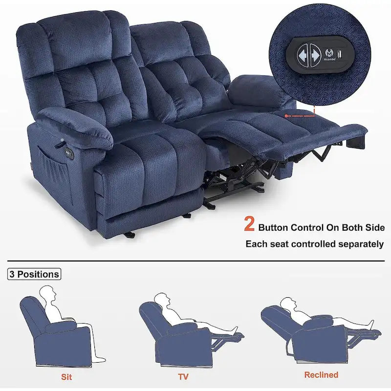 Canapé inclinable électrique MCombo deux places avec chauffage et massage, tissu 6237