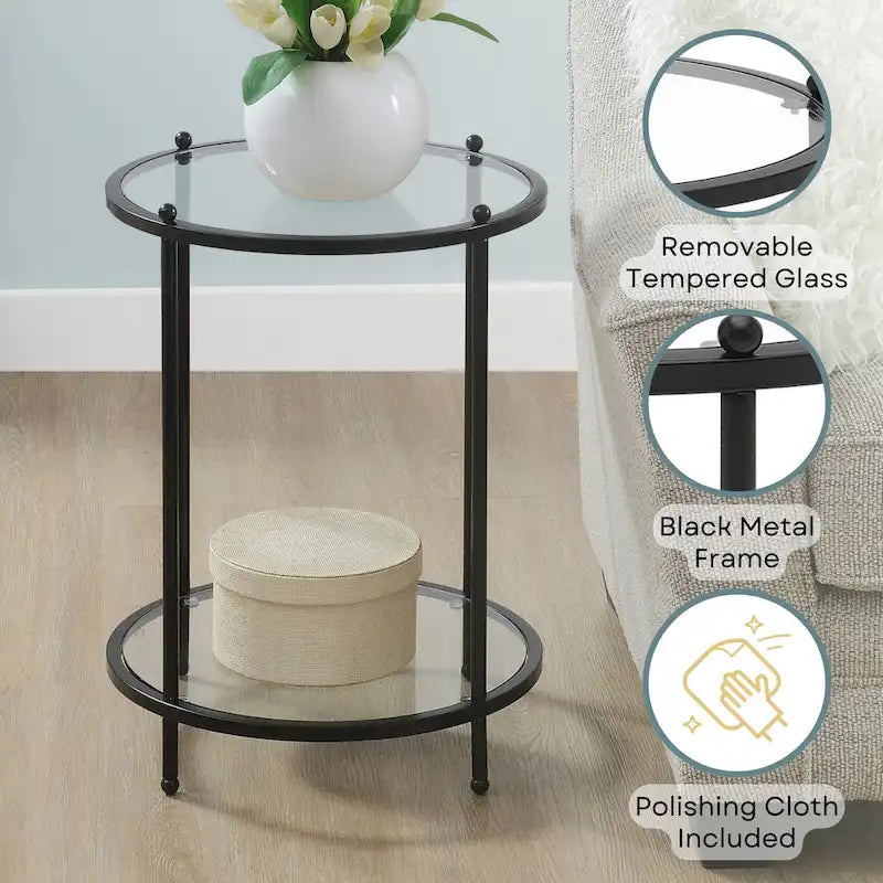 Table d'appoint ronde en verre à deux niveaux Royal Crest de Convenience Concepts avec étagère