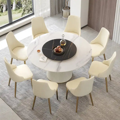 Table de salle à manger ronde de 59 pouces pour 8 personnes, plateau en pierre frittée blanche avec plateau tournant - Non disponible