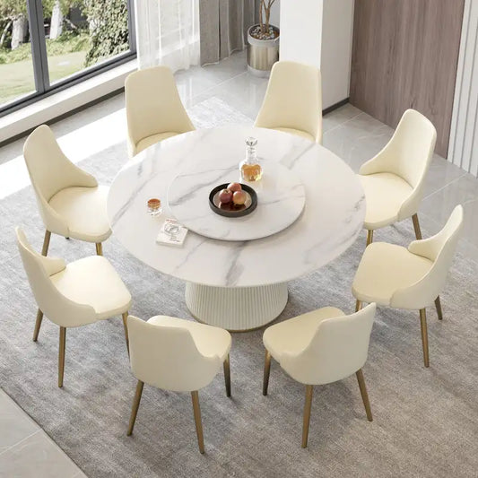 59  Round Dining Table for 8, White Sintered Stone Tabletop with Lazy Susan - N/A