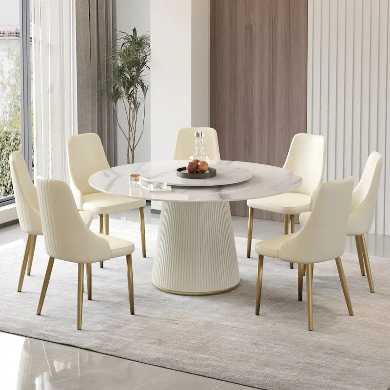 Table de salle à manger ronde de 59 pouces pour 8 personnes, plateau en pierre frittée blanche avec plateau tournant - Non disponible