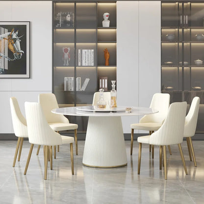 Table de salle à manger ronde de 59 pouces pour 8 personnes, plateau en pierre frittée blanche avec plateau tournant - Non disponible
