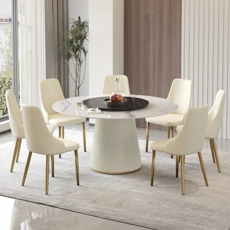 Table de salle à manger ronde de 59 pouces pour 8 personnes, plateau en pierre frittée blanche avec plateau tournant - Non disponible