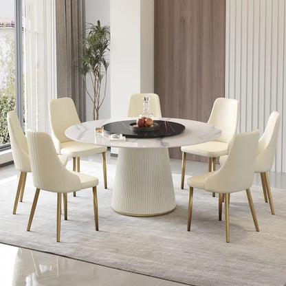 Table de salle à manger ronde de 59 pouces pour 8 personnes, plateau en pierre frittée blanche avec plateau tournant - Non disponible