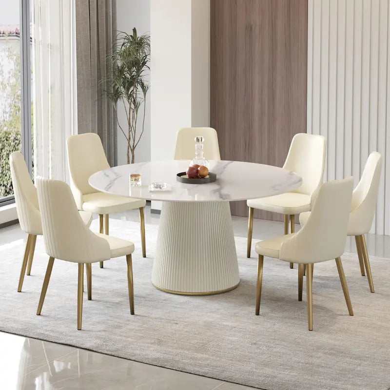 Table de salle à manger ronde de 59 pouces pour 8 personnes, plateau en pierre frittée blanche avec plateau tournant - Non disponible