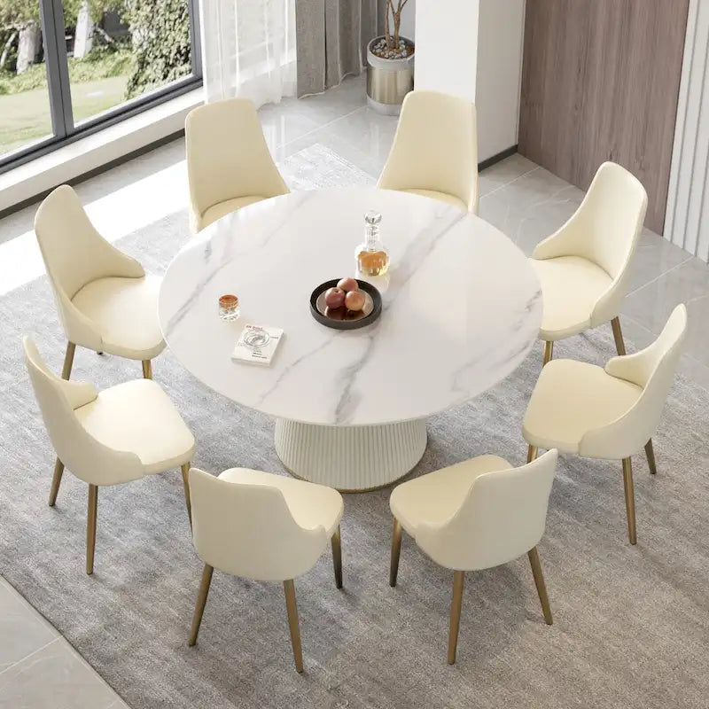 Table de salle à manger ronde de 59 pouces pour 8 personnes, plateau en pierre frittée blanche avec plateau tournant - Non disponible