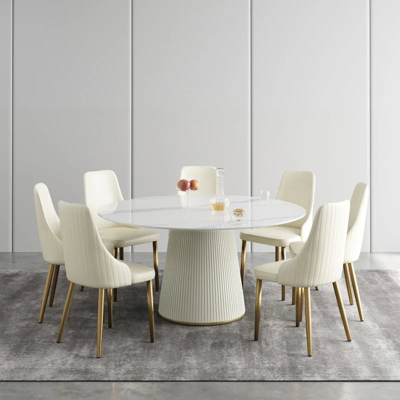 Table de salle à manger ronde de 59 pouces pour 8 personnes, plateau en pierre frittée blanche avec plateau tournant - Non disponible