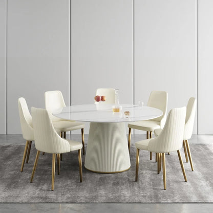 Table de salle à manger ronde de 59 pouces pour 8 personnes, plateau en pierre frittée blanche avec plateau tournant - Non disponible