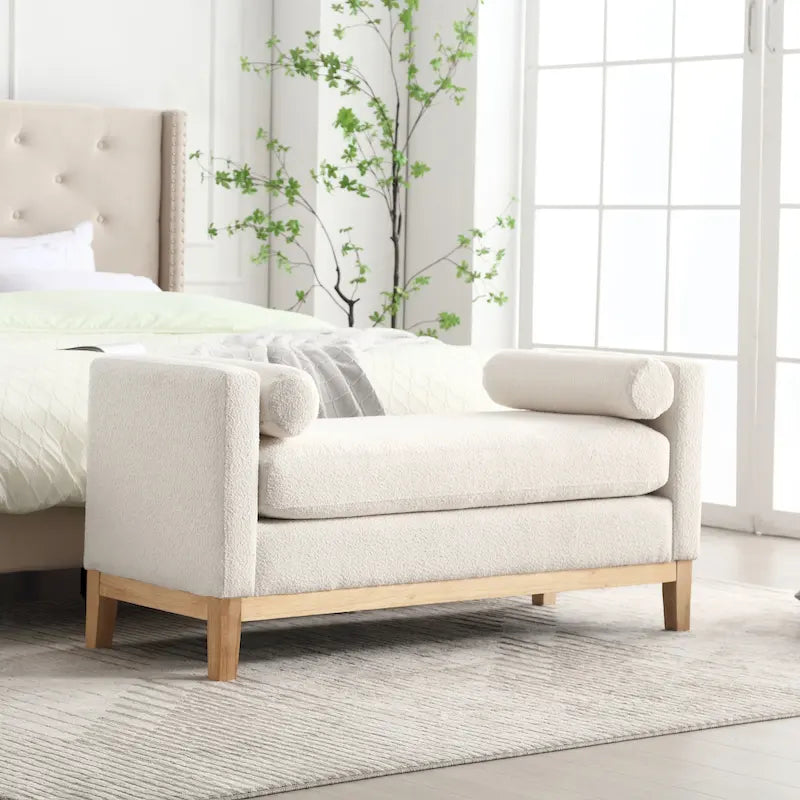 Banc de chambre moderne capitonné en boucle avec pieds en bois, banc d'entrée