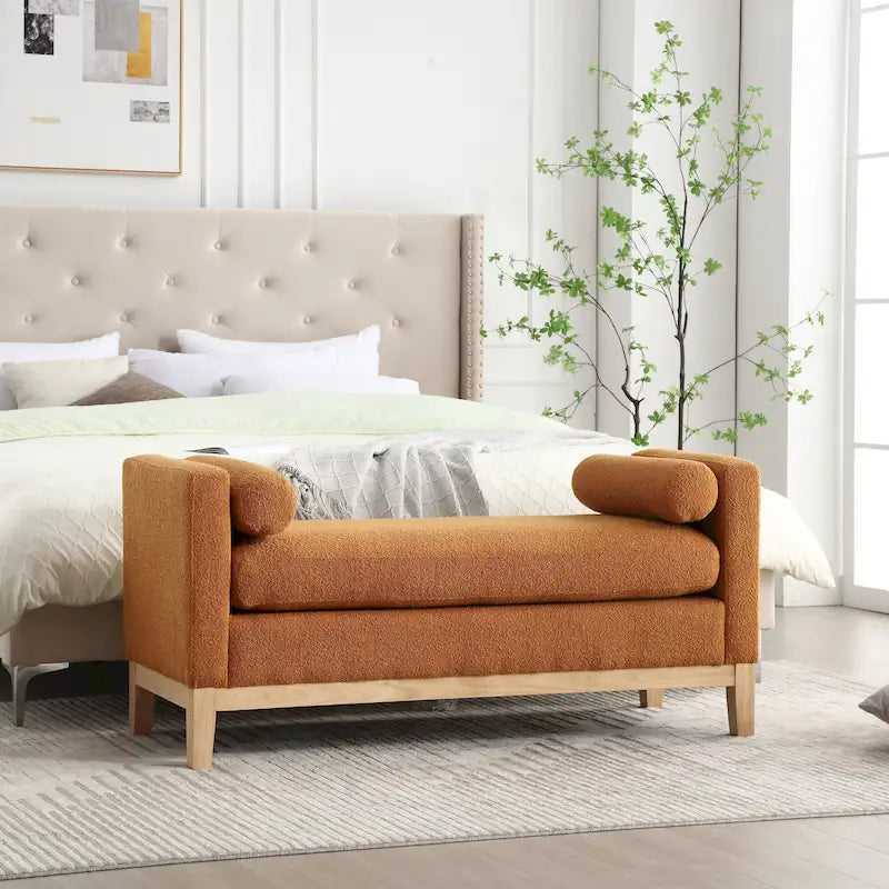 Banc de chambre moderne capitonné en boucle avec pieds en bois, banc d'entrée
