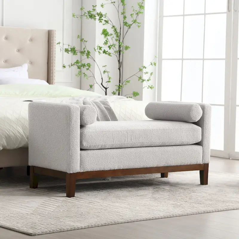 Banc de chambre moderne capitonné en boucle avec pieds en bois, banc d'entrée