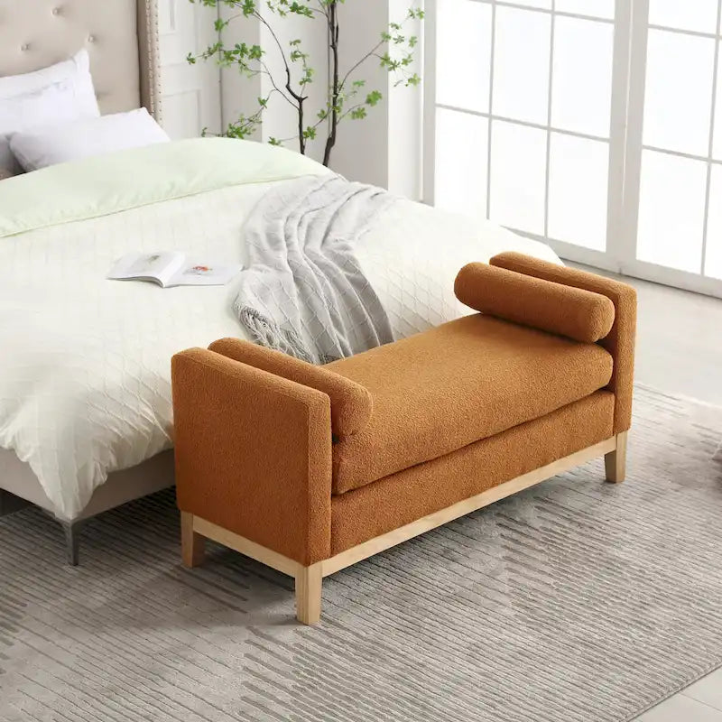 Banc de chambre moderne capitonné en boucle avec pieds en bois, banc d'entrée