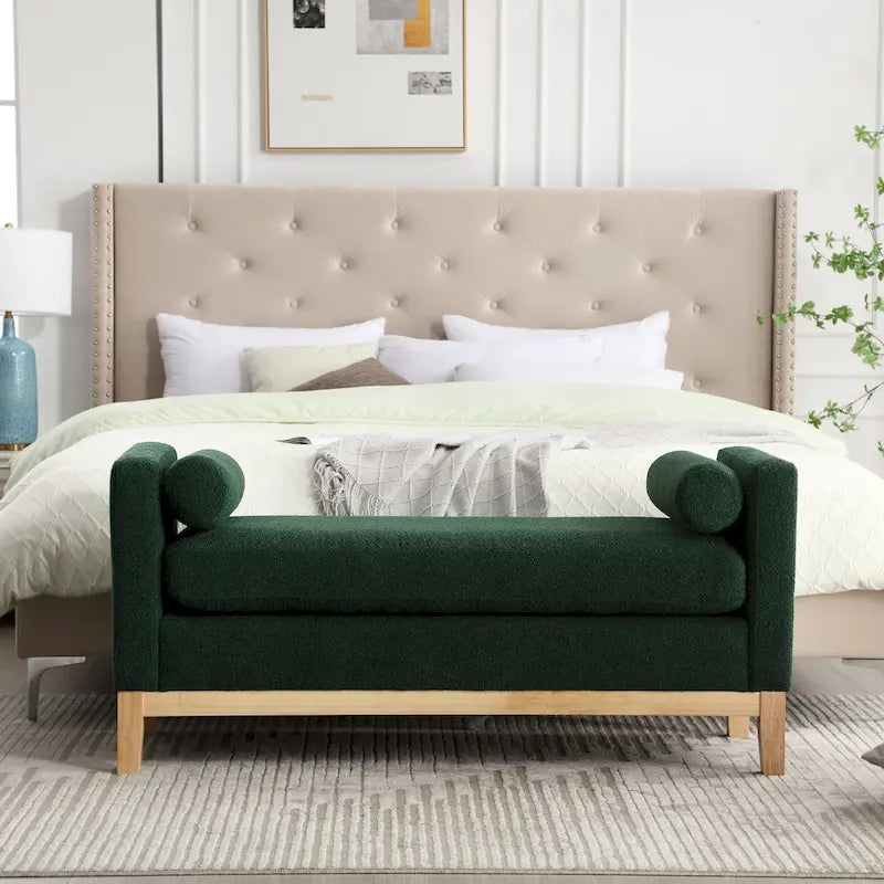 Banc de chambre moderne capitonné en boucle avec pieds en bois, banc d'entrée