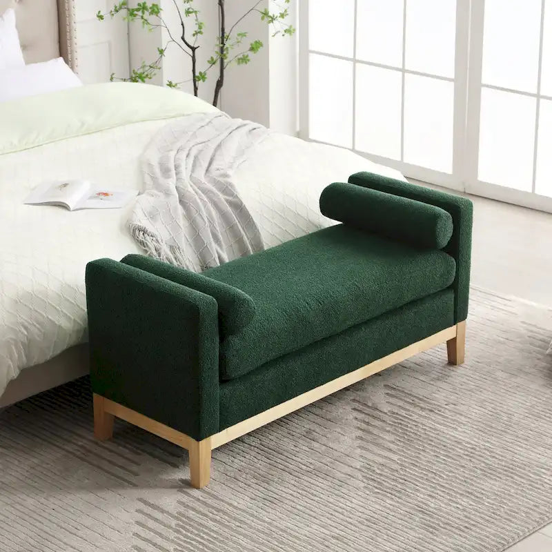 Banc de chambre moderne capitonné en boucle avec pieds en bois, banc d'entrée