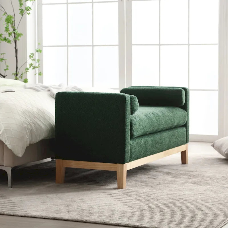 Banc de chambre moderne capitonné en boucle avec pieds en bois, banc d'entrée