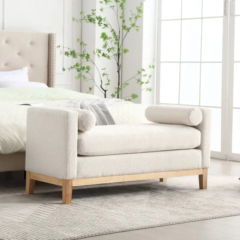 Banc de chambre moderne capitonné en boucle avec pieds en bois, banc d'entrée