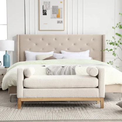Banc de chambre moderne capitonné en boucle avec pieds en bois, banc d'entrée