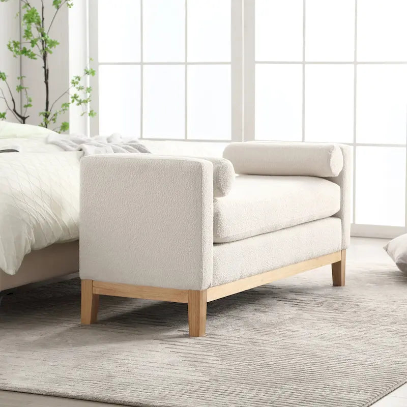 Banc de chambre moderne capitonné en boucle avec pieds en bois, banc d'entrée