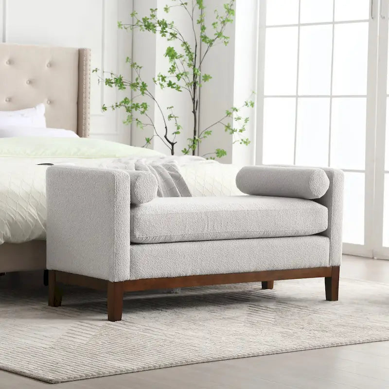 Banc de chambre moderne capitonné en boucle avec pieds en bois, banc d'entrée