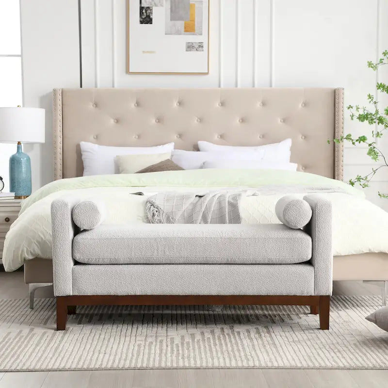 Banc de chambre moderne capitonné en boucle avec pieds en bois, banc d'entrée