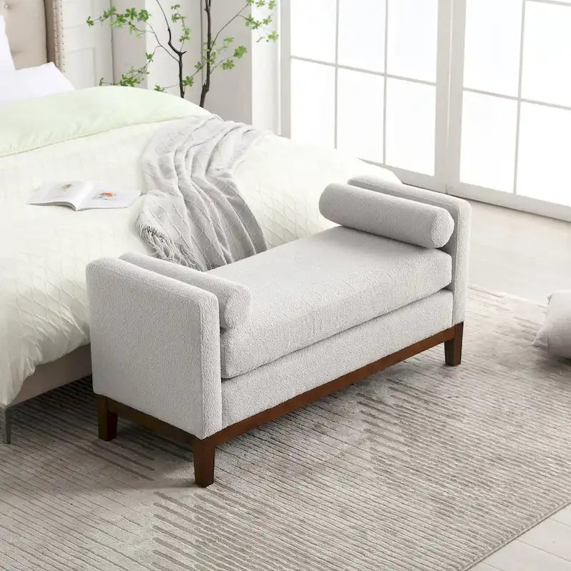 Banc de chambre moderne capitonné en boucle avec pieds en bois, banc d'entrée