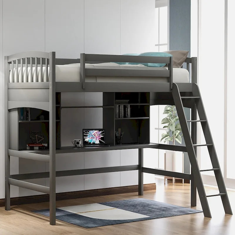Lit mezzanine Nestfair pour une personne avec étagères de rangement, bureau et échelle