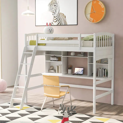 Lit mezzanine Nestfair pour une personne avec étagères de rangement, bureau et échelle