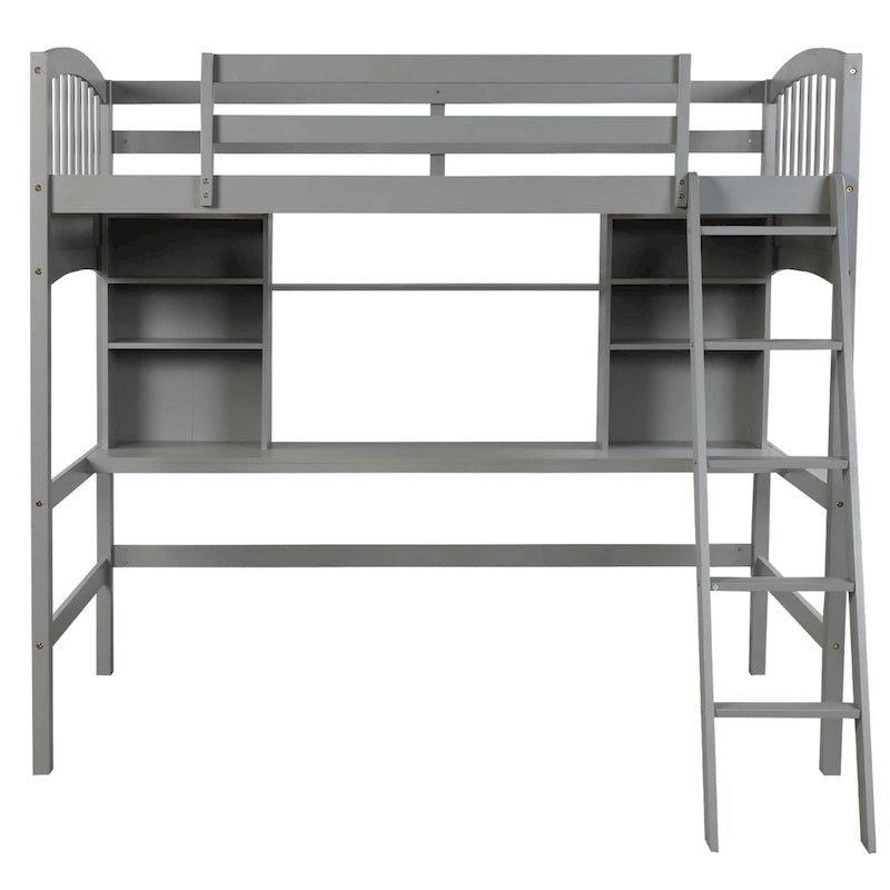 Lit mezzanine Nestfair pour une personne avec étagères de rangement, bureau et échelle