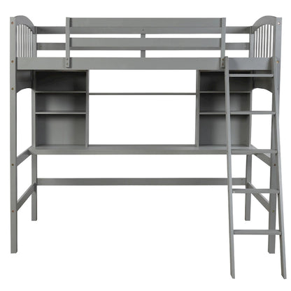 Lit mezzanine Nestfair pour une personne avec étagères de rangement, bureau et échelle