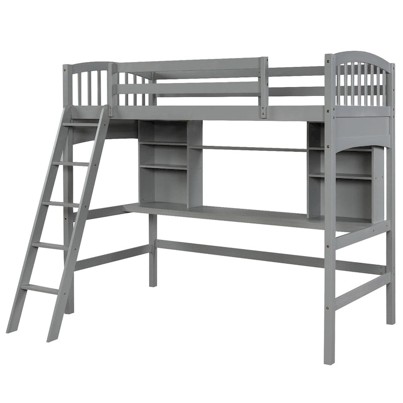 Lit mezzanine Nestfair pour une personne avec étagères de rangement, bureau et échelle