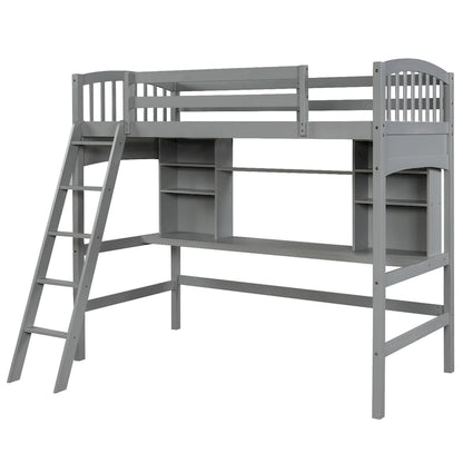 Lit mezzanine Nestfair pour une personne avec étagères de rangement, bureau et échelle