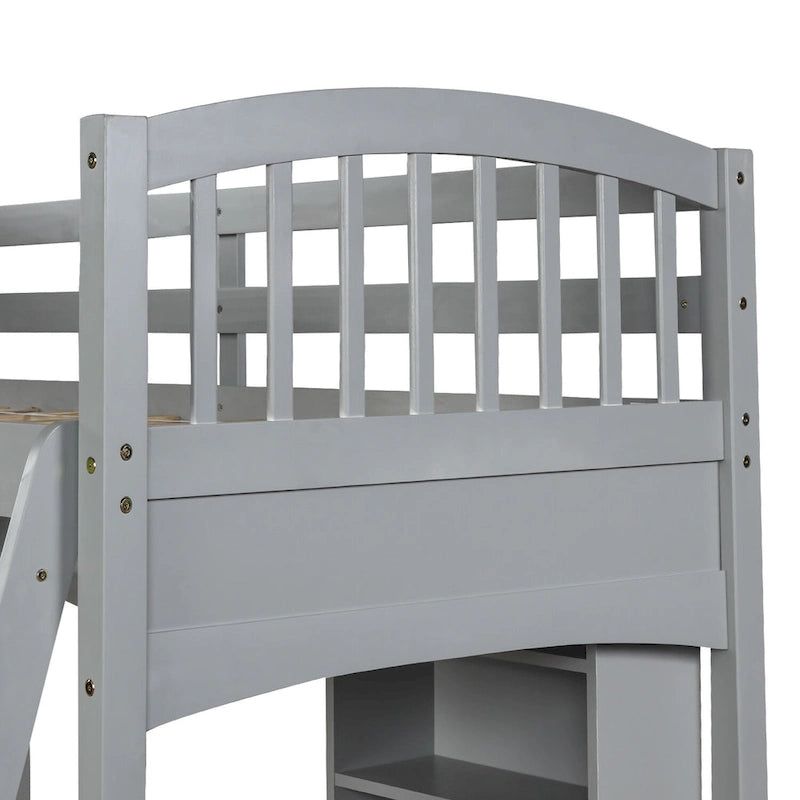 Lit mezzanine Nestfair pour une personne avec étagères de rangement, bureau et échelle
