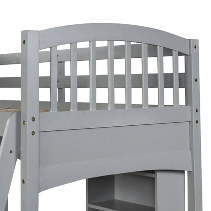 Lit mezzanine Nestfair pour une personne avec étagères de rangement, bureau et échelle