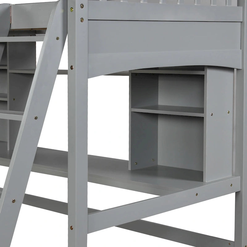 Lit mezzanine Nestfair pour une personne avec étagères de rangement, bureau et échelle