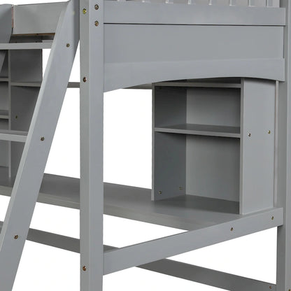 Lit mezzanine Nestfair pour une personne avec étagères de rangement, bureau et échelle