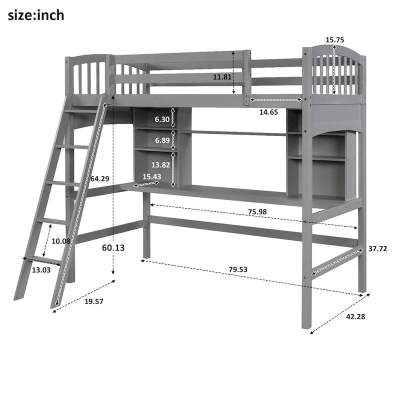 Lit mezzanine Nestfair pour une personne avec étagères de rangement, bureau et échelle