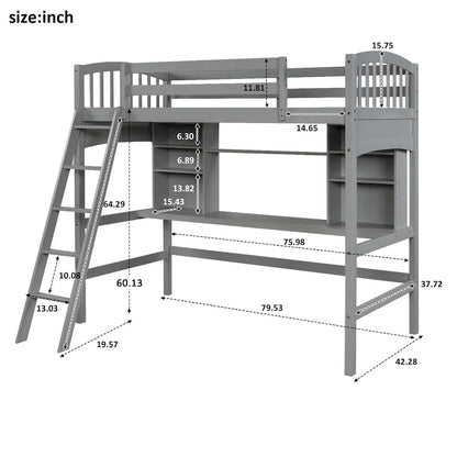Lit mezzanine Nestfair pour une personne avec étagères de rangement, bureau et échelle