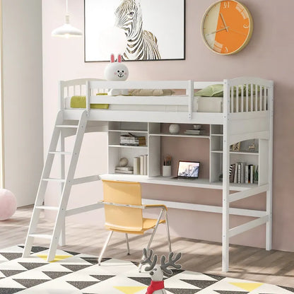 Lit mezzanine Nestfair pour une personne avec étagères de rangement, bureau et échelle