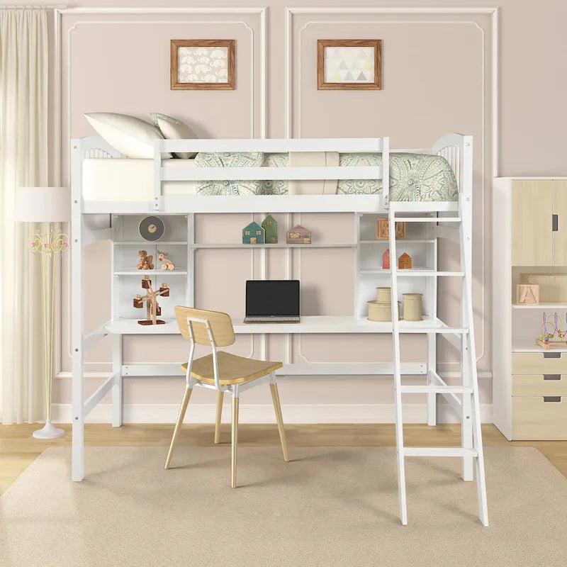 Lit mezzanine Nestfair pour une personne avec étagères de rangement, bureau et échelle