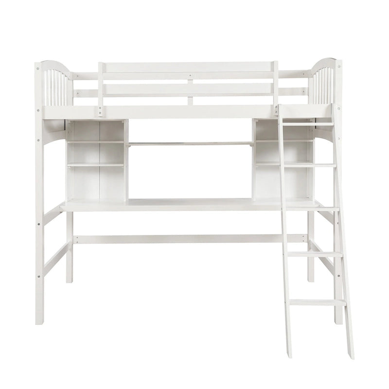 Lit mezzanine Nestfair pour une personne avec étagères de rangement, bureau et échelle