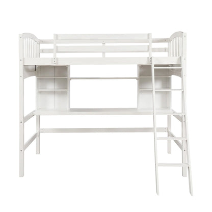 Lit mezzanine Nestfair pour une personne avec étagères de rangement, bureau et échelle