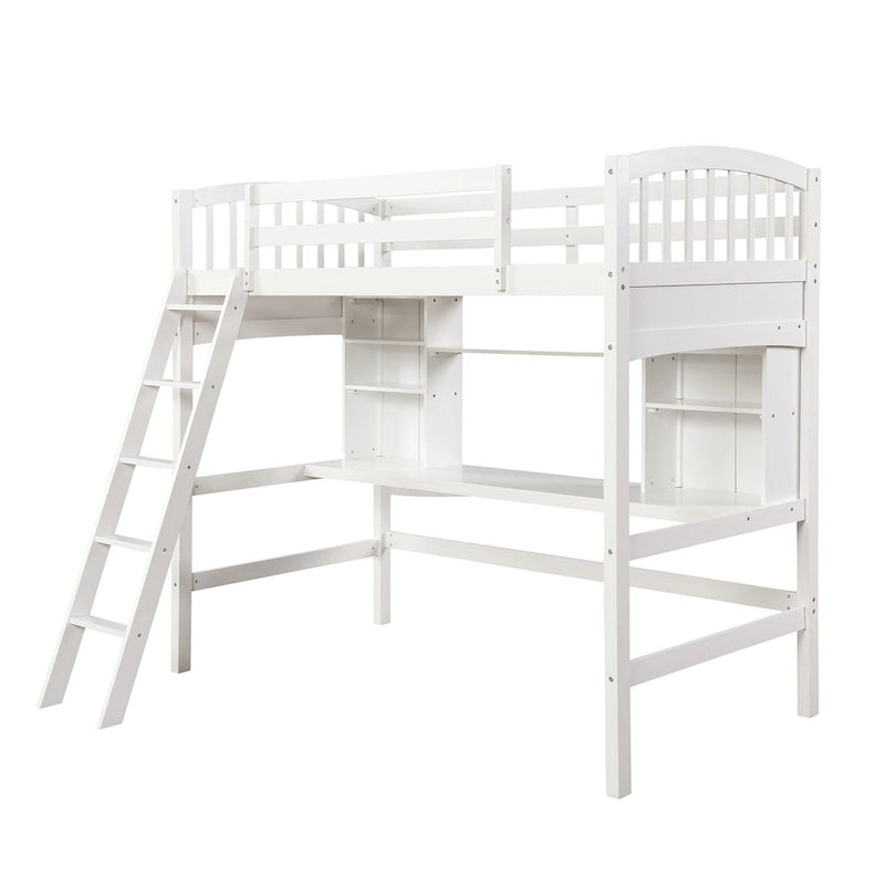 Lit mezzanine Nestfair pour une personne avec étagères de rangement, bureau et échelle