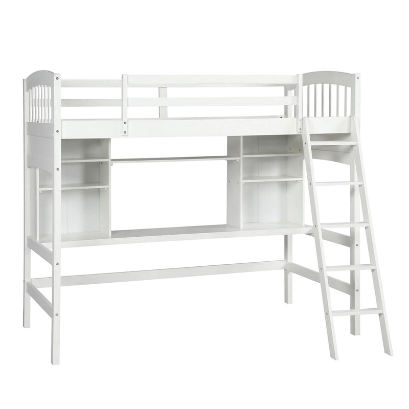 Lit mezzanine Nestfair pour une personne avec étagères de rangement, bureau et échelle