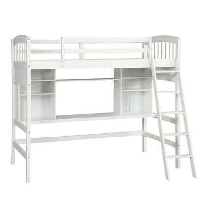 Lit mezzanine Nestfair pour une personne avec étagères de rangement, bureau et échelle