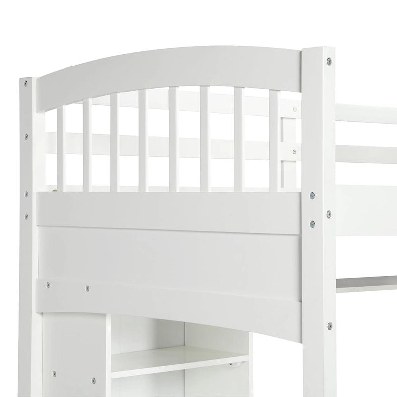 Lit mezzanine Nestfair pour une personne avec étagères de rangement, bureau et échelle